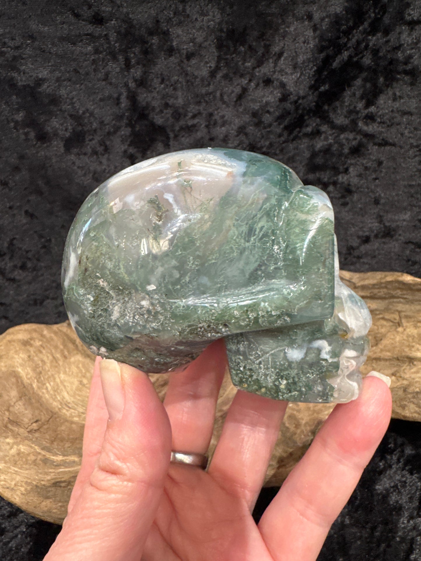 Moss Agate skull carving