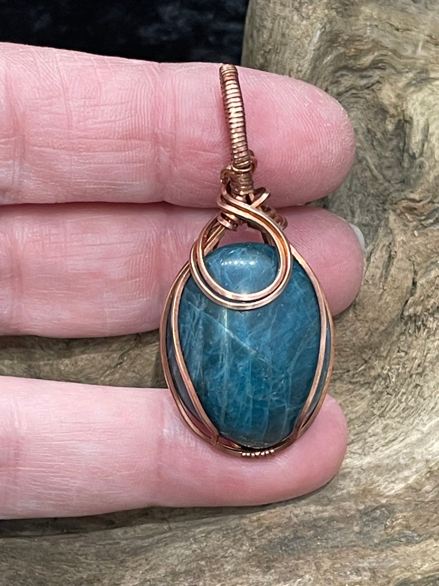 Blue Apatite wire wrapped pendant - I am clear minded
