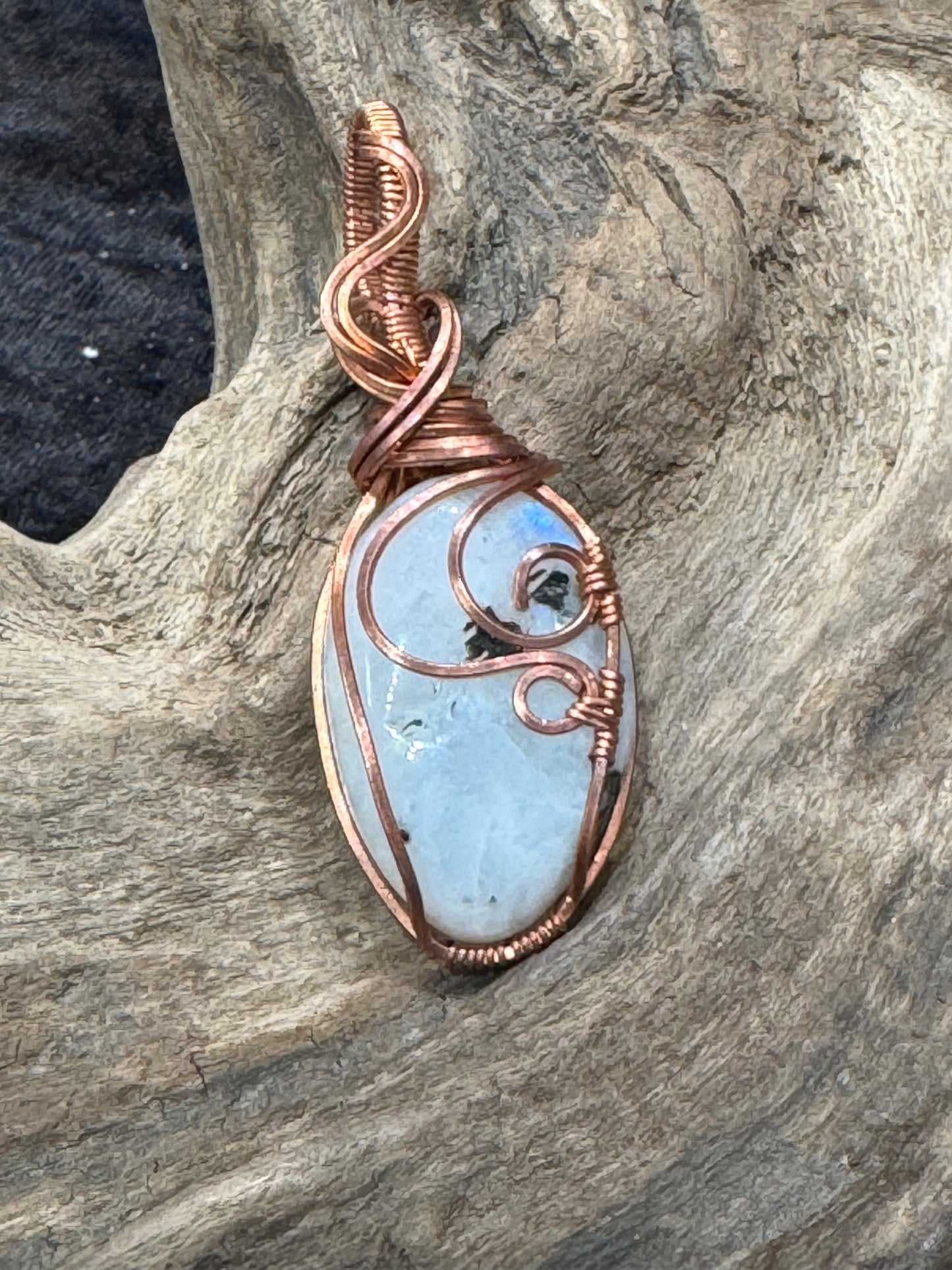 Rainbow Moonstone wire wrapped pendant