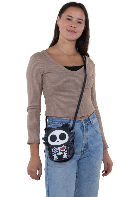 Glow in the dark cross body bag cat skeleton