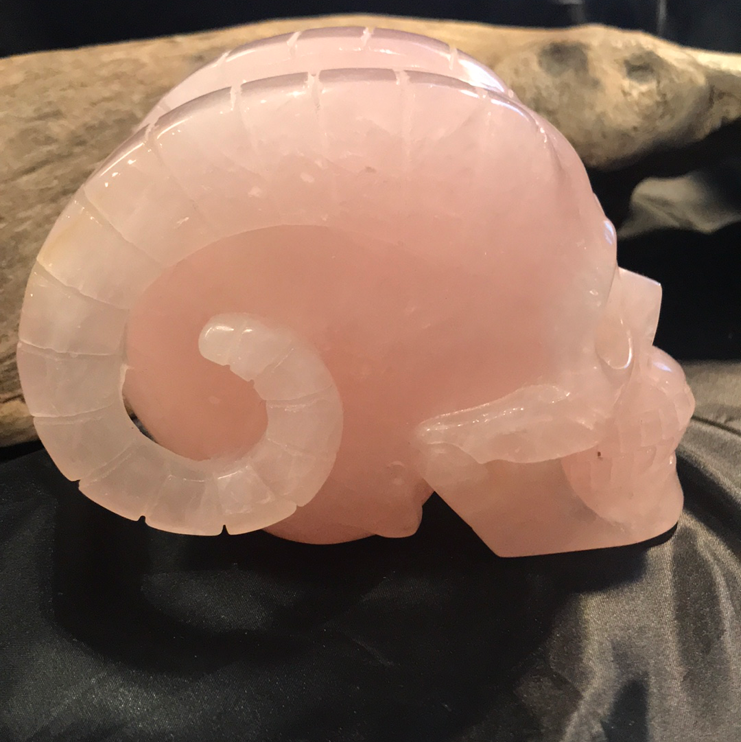 Rose quartz skull with horns