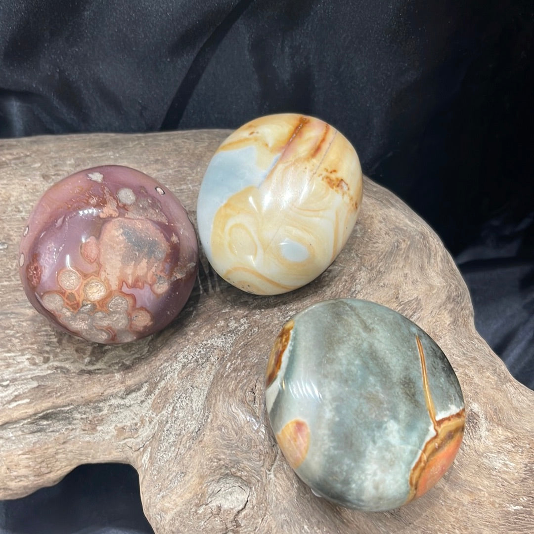 Polychrome jasper flames, shapes, palm stones