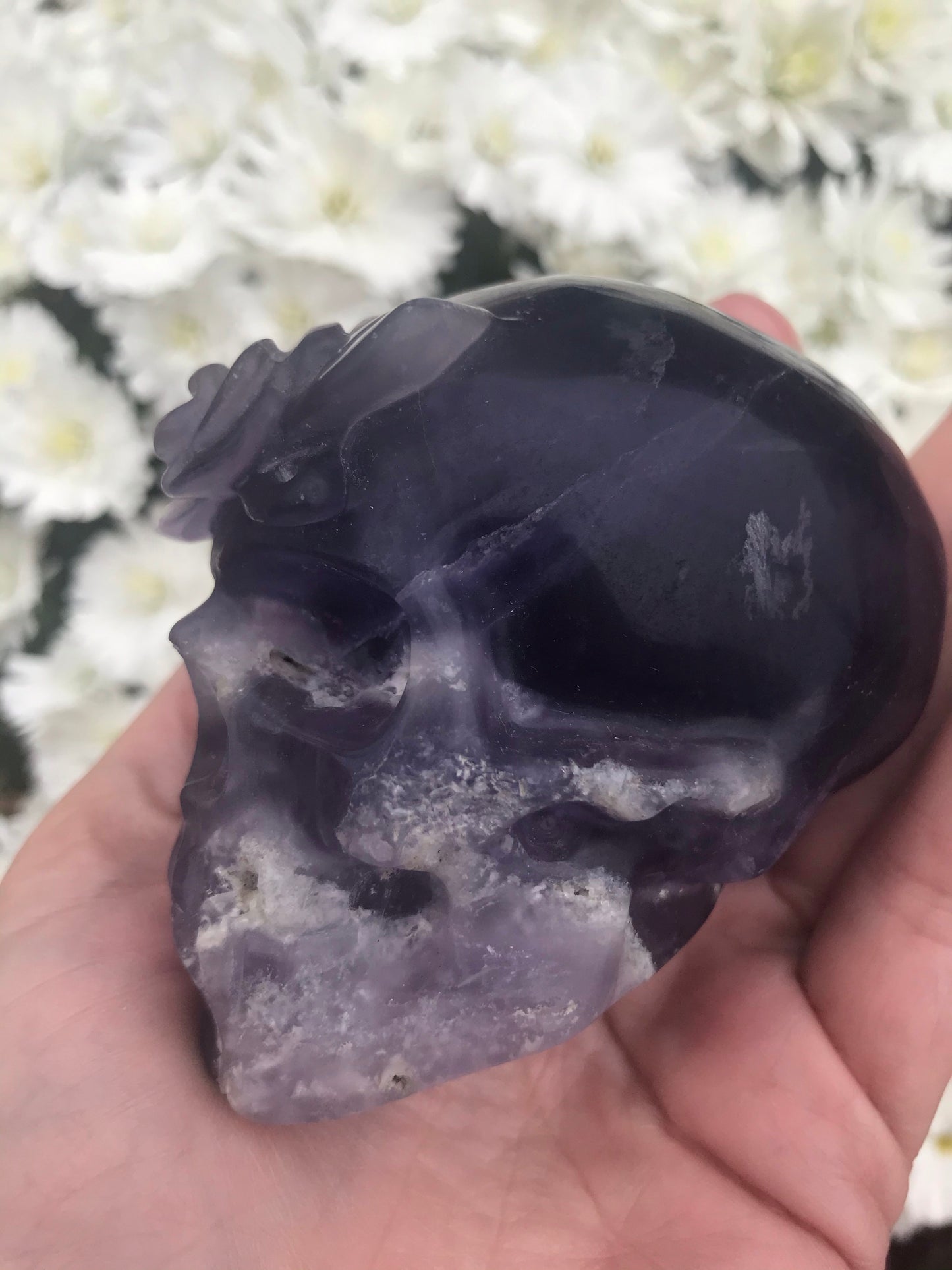 Fluorite skull with rose