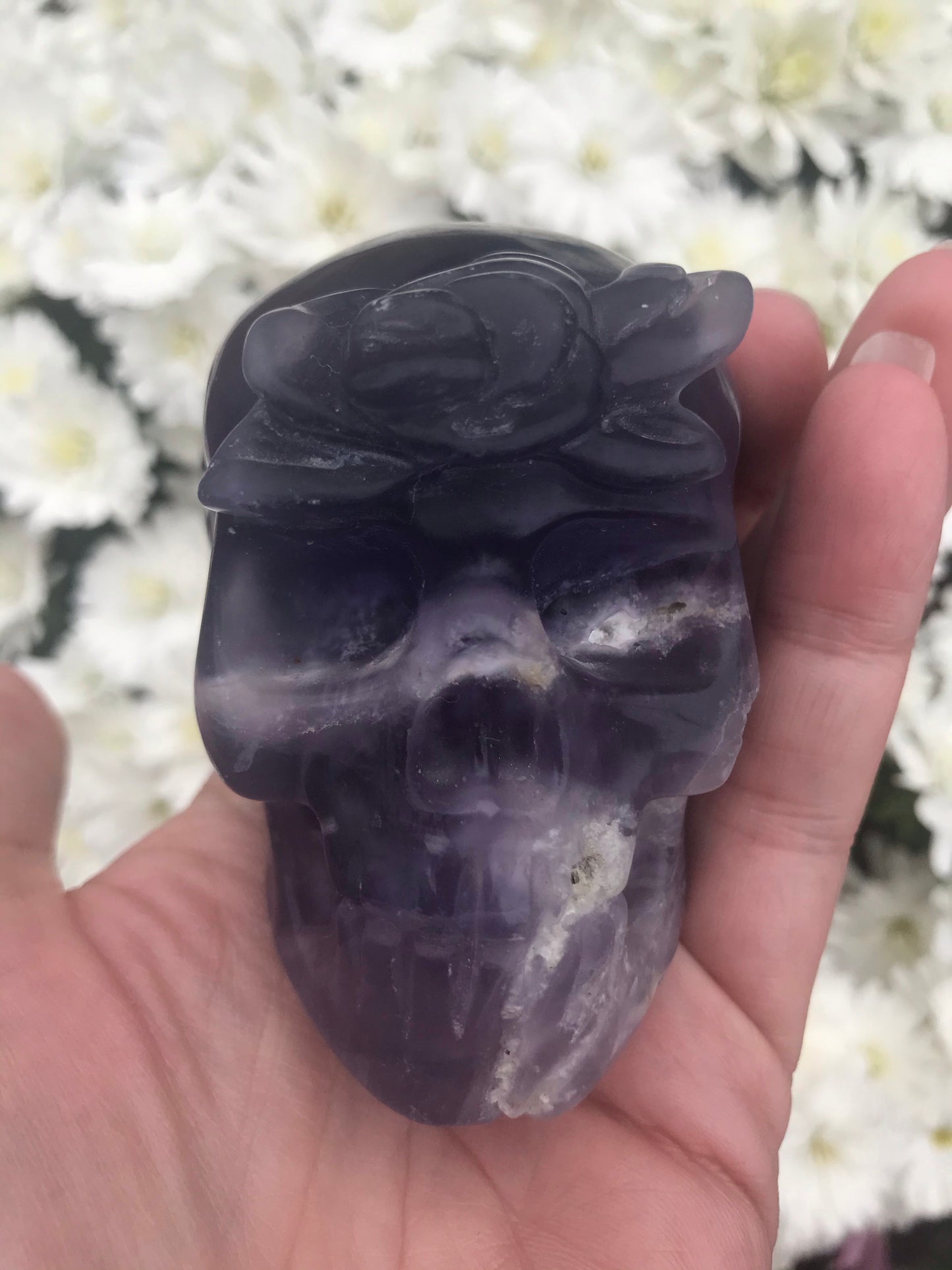 Fluorite skull with rose