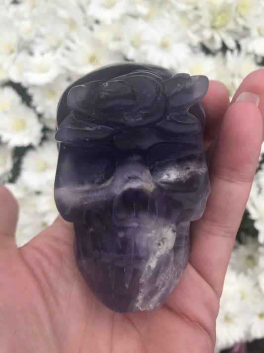 Fluorite skull with rose