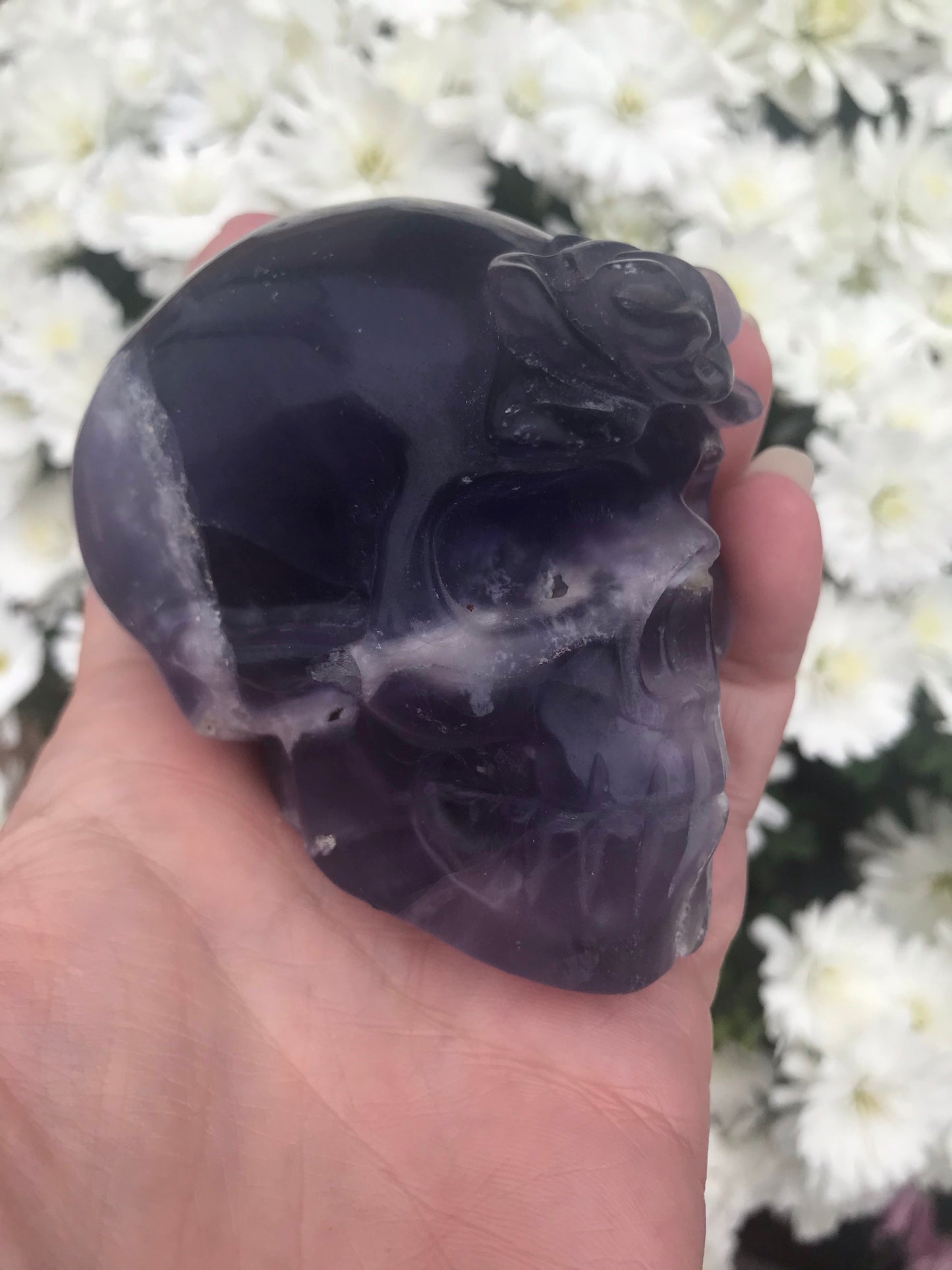 Fluorite skull with rose