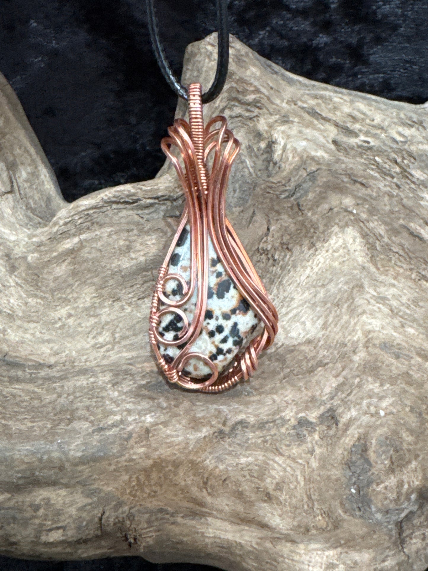 Dalmatian stone wire wrapped pendant