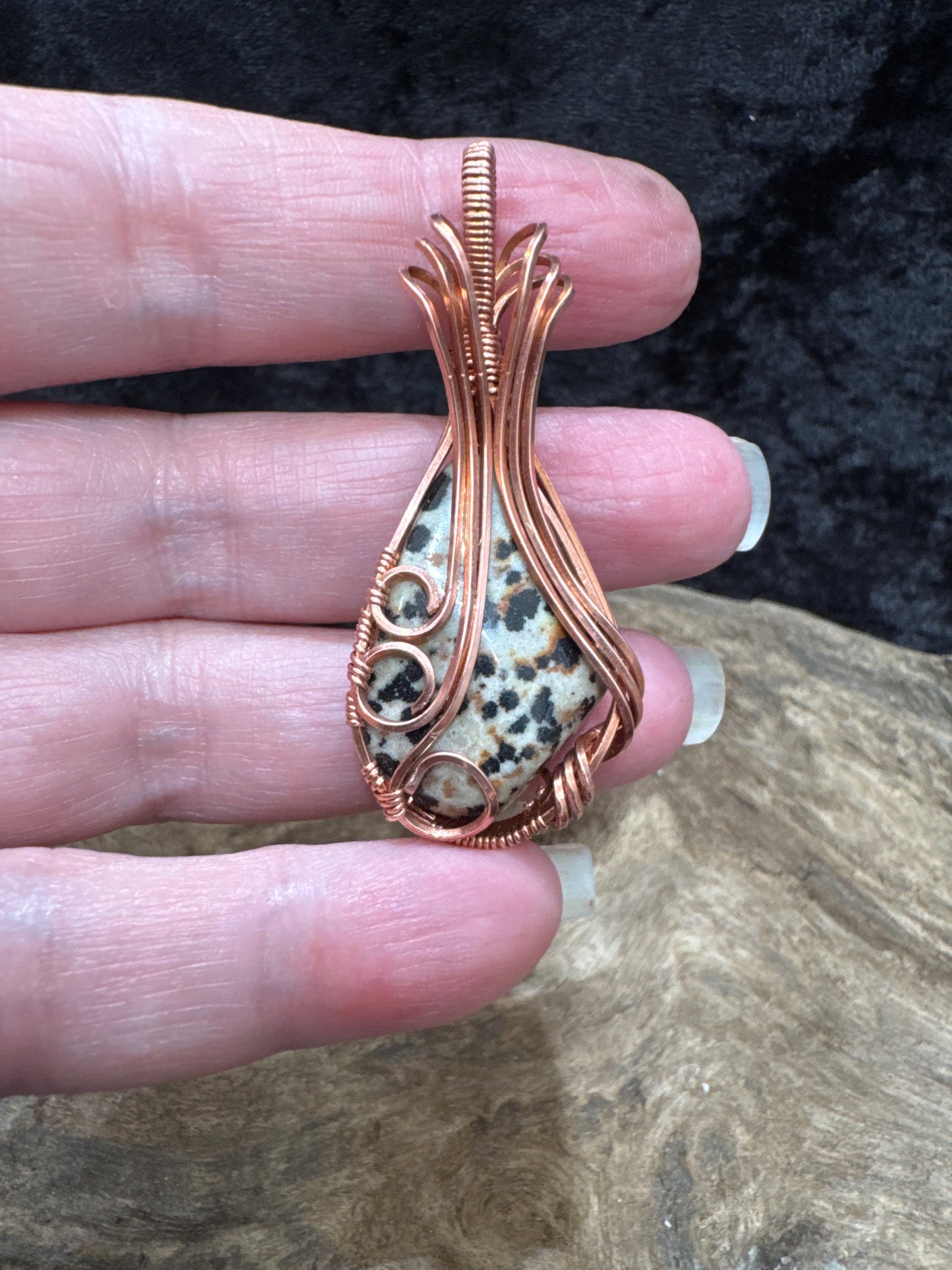 Dalmatian stone wire wrapped pendant