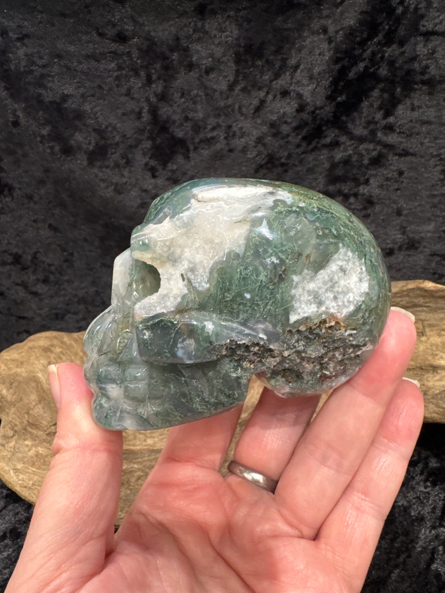 Moss Agate skull carving