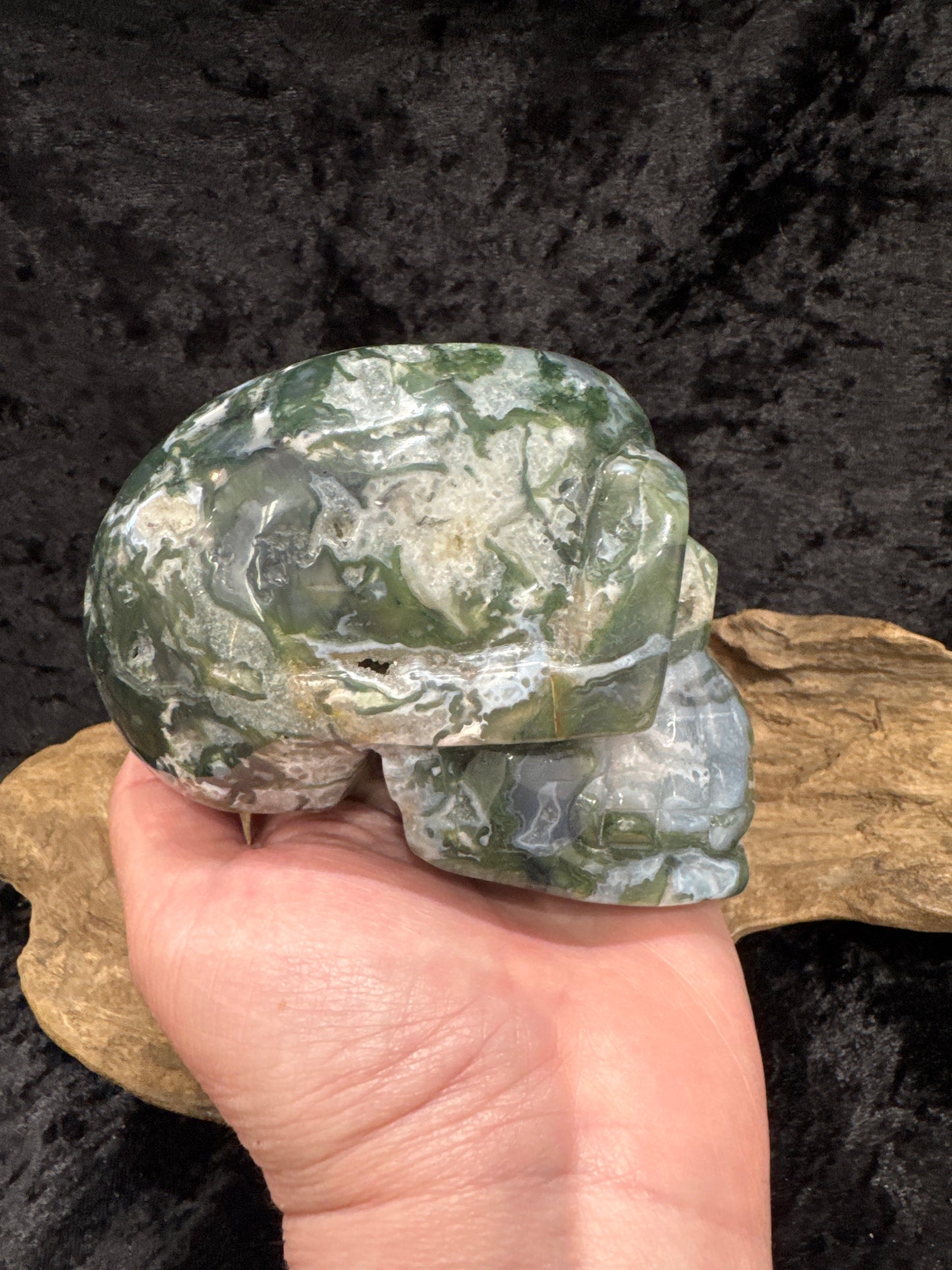 Moss Agate skull carving