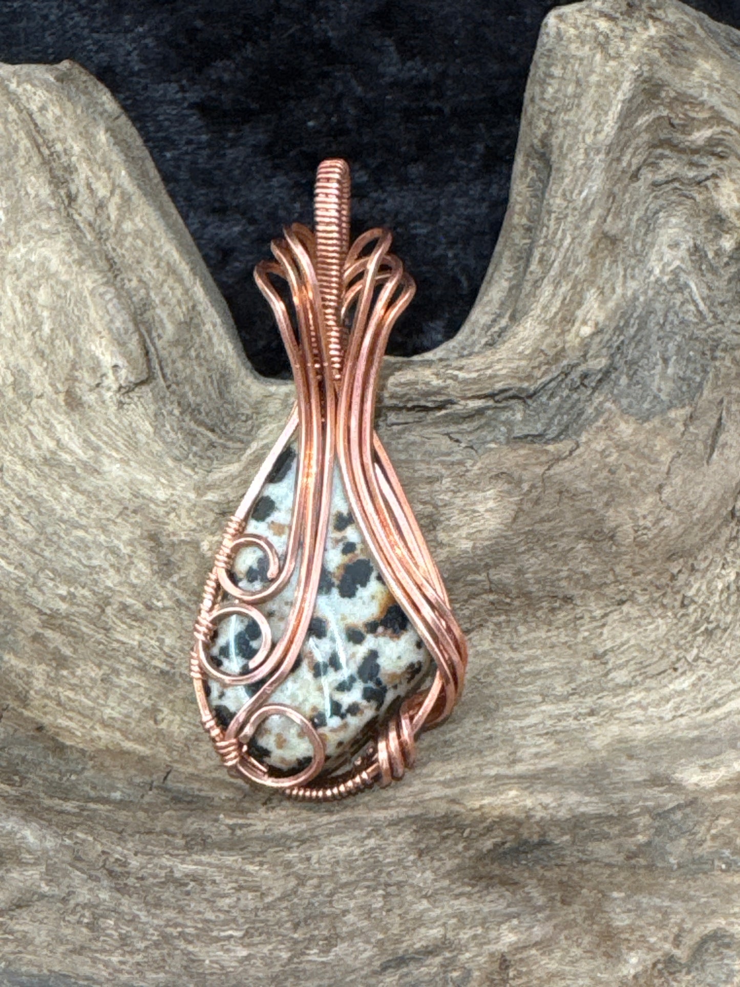 Dalmatian stone wire wrapped pendant