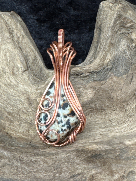 Dalmatian stone wire wrapped pendant