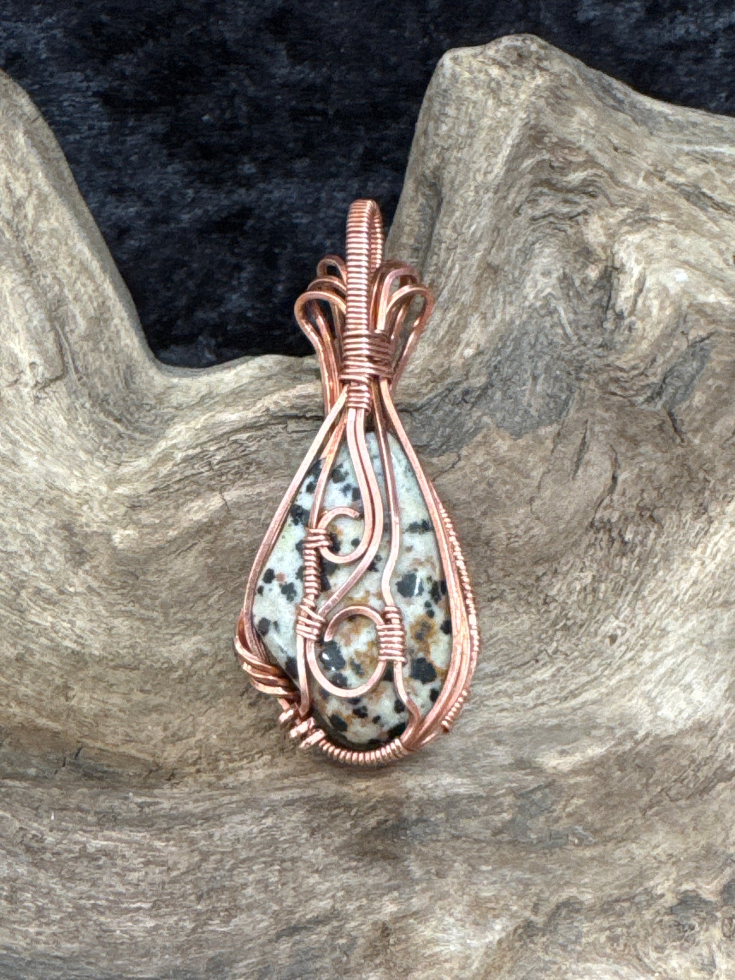 Dalmatian stone wire wrapped pendant