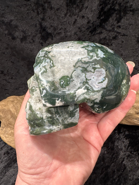 Moss Agate skull carving