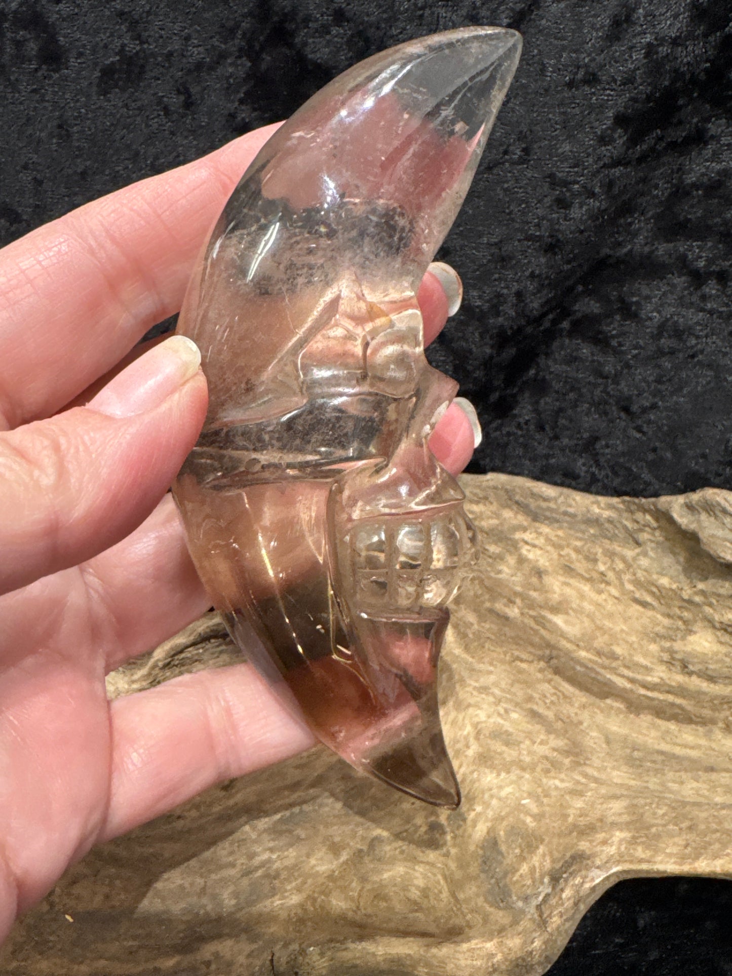 Smoky Quartz Moon Skull Carving