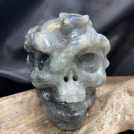 Labradorite skull with snake